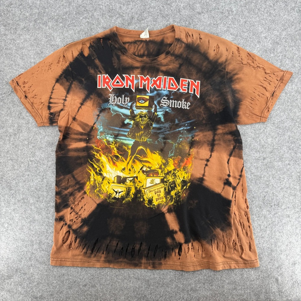 Vintage Iron Maiden T-Shirt Mens XL Holy Smoke Orange Black Tie Dye Distressed